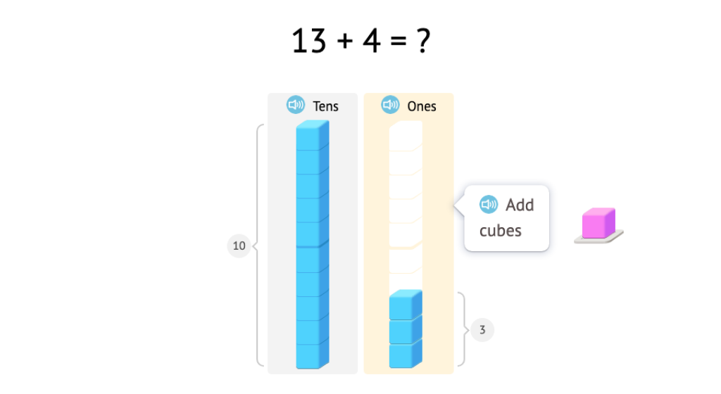 Add ones to numbers in the second ten using base-10 blocks