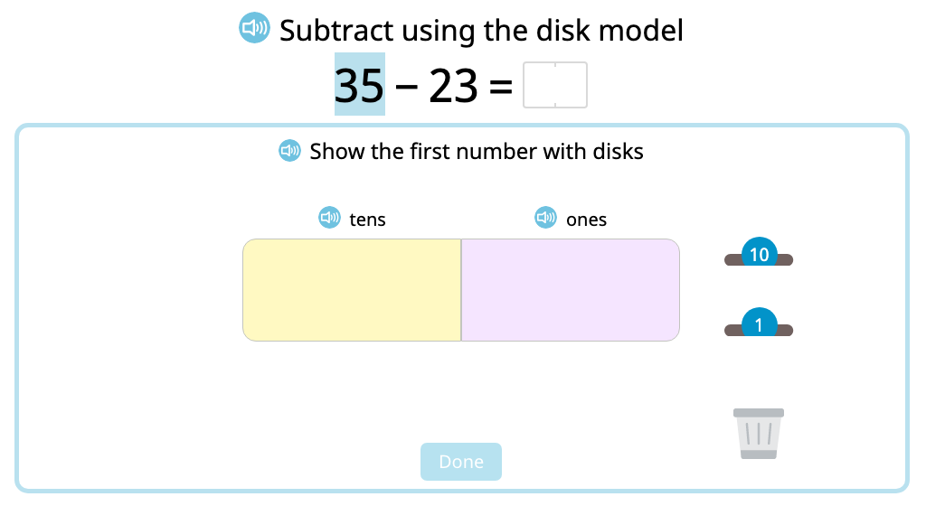 Represent and solve 2-digit subtraction problems without exchanging using a disk model