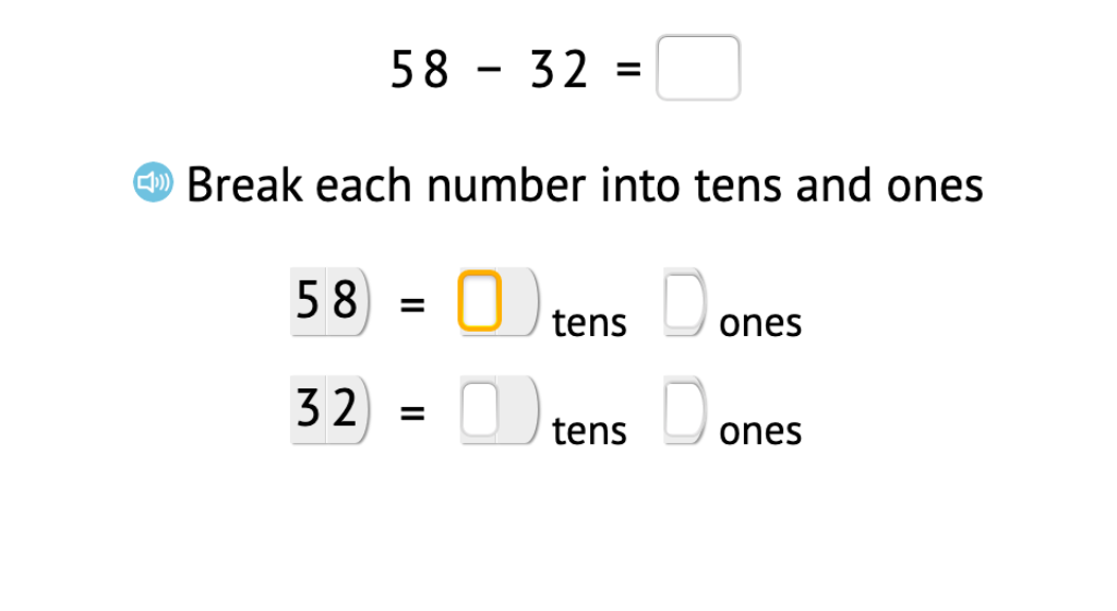 Subtract 2-digit numbers without exchanging using place value cards to subtract tens and ones separately