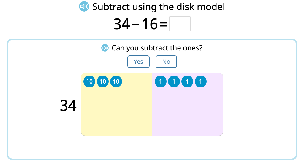Subtract 2-digit numbers with exchanging using a disk model