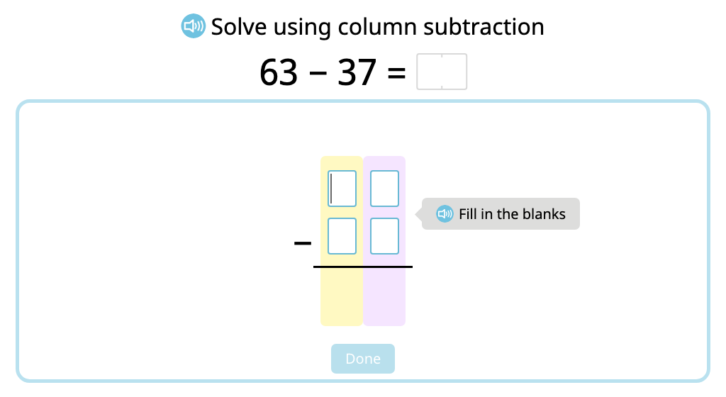 Solve 2-digit column subtraction with exchanging using a disk model