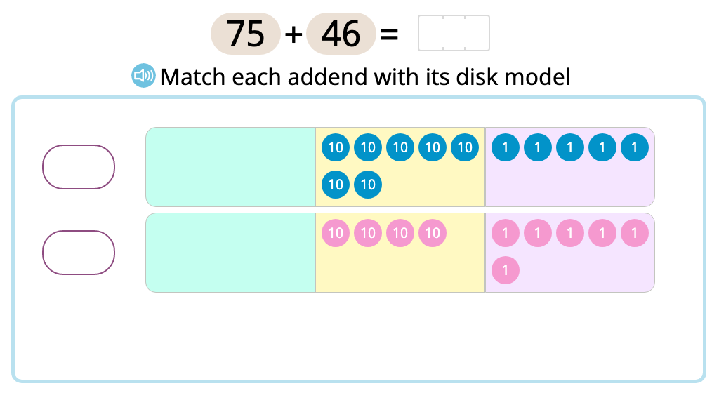Solve 2-digit column addition with exchanging into the hundreds using a disk model