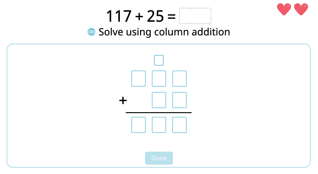 Solve 2- and 3-digit column addition with multiple exchanges
