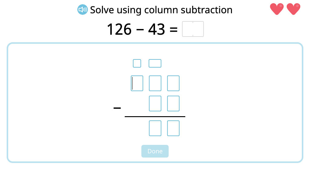 Solve 2- and 3-digit column subtraction with and without exchanging into the hundreds