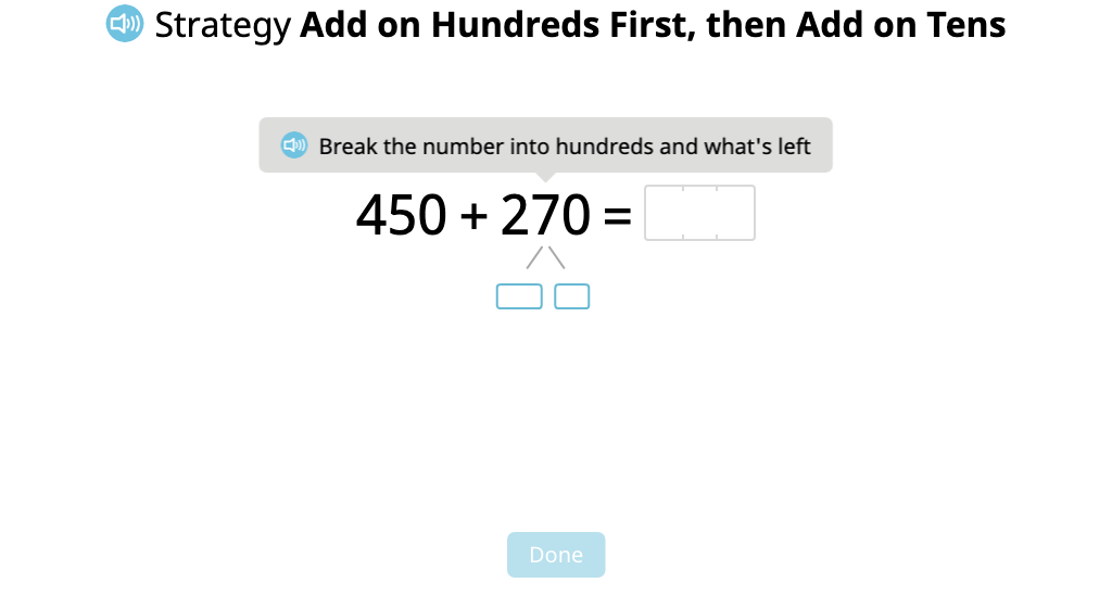 Add 3-digit numbers with exchanging by adding on the hundreds first