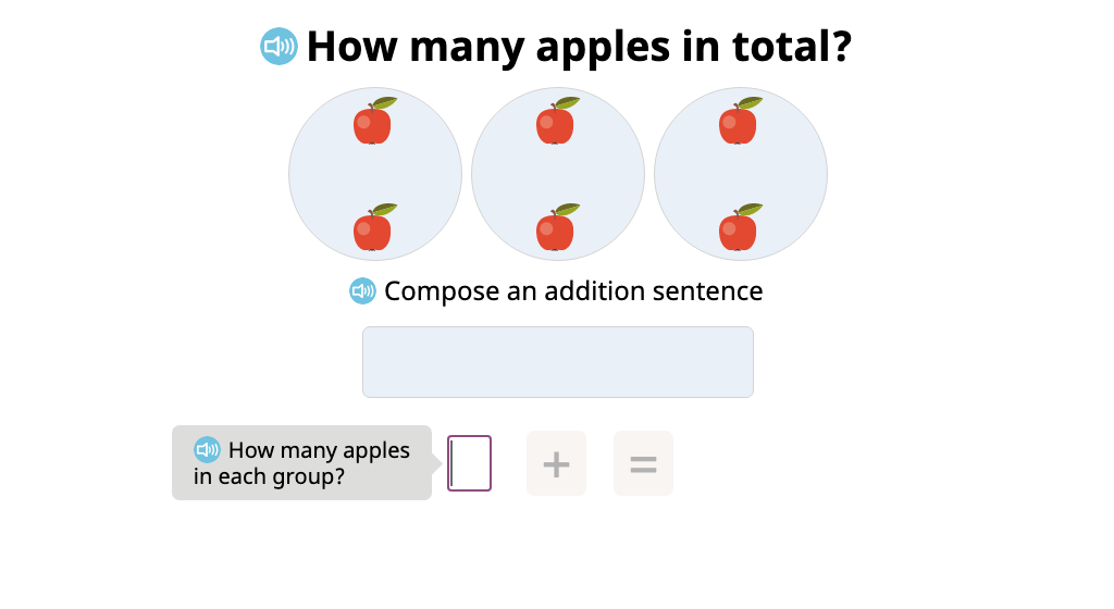 Compose a repeated addition sentence to represent equal groups and determine the total