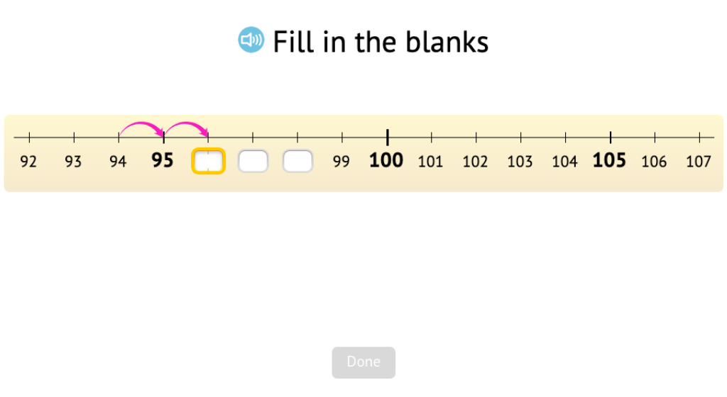 Count across a ten using 3-digit numbers on a number line