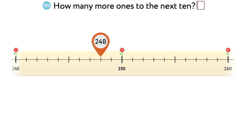 Determine how many more ones, tens, or hundreds to reach the next ten, hundred, or thousand using a number line (Level 2)
