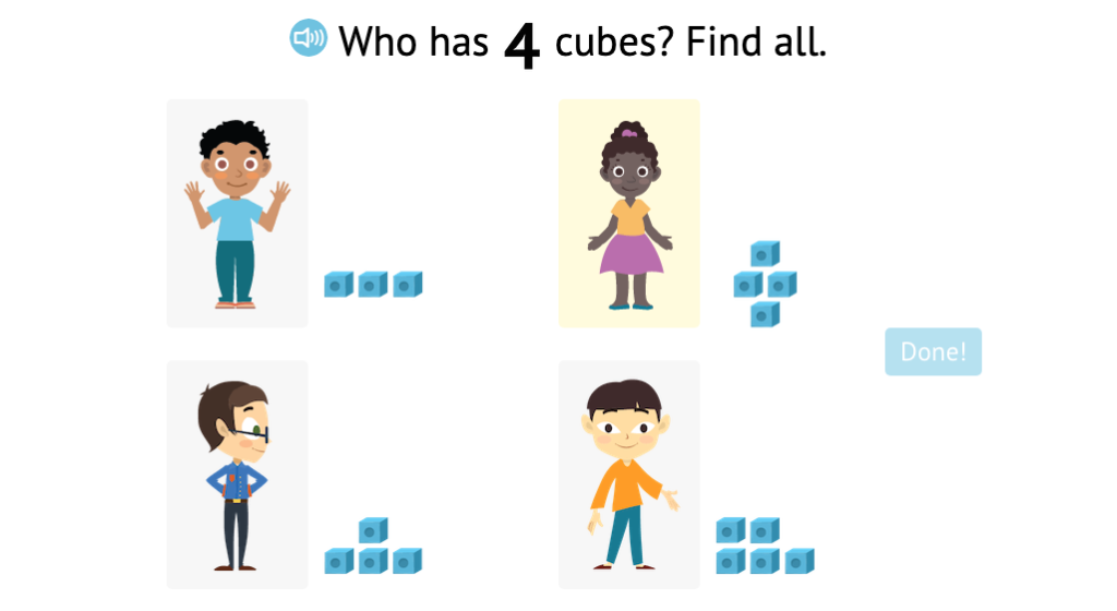 Identify numbered sets of cubes that match a given total up to 5
