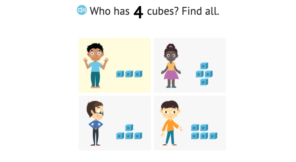 Identify numbered sets of cubes that match a given total up to 5