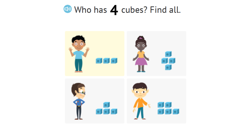 Identify numbered sets of cubes that match a given total up to 5