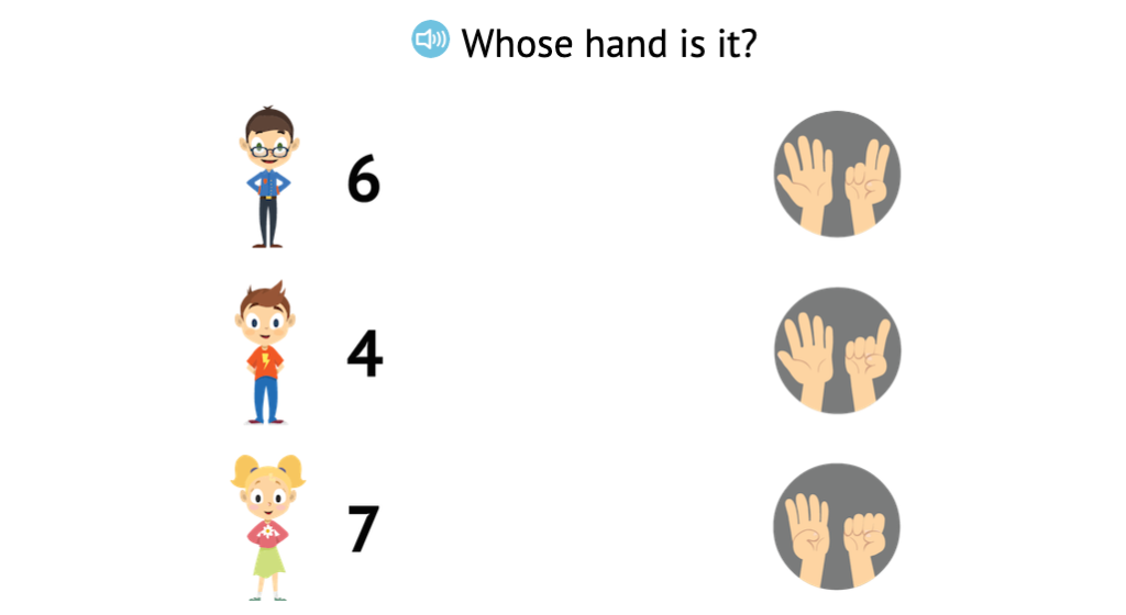 Match numbers 0-7 to arrangements of fingers displayed on two hands