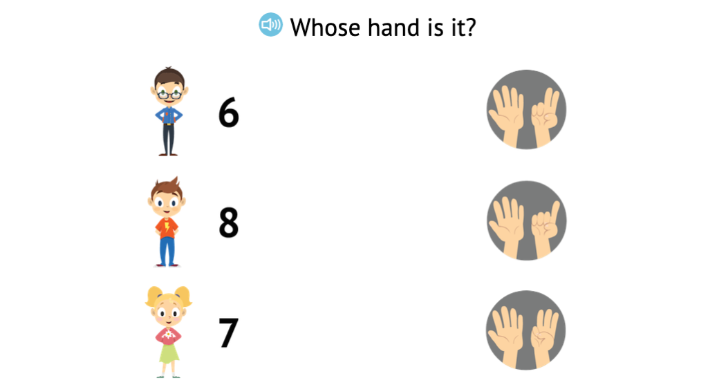 Match numbers 0-8 to arrangements of fingers displayed on two hands
