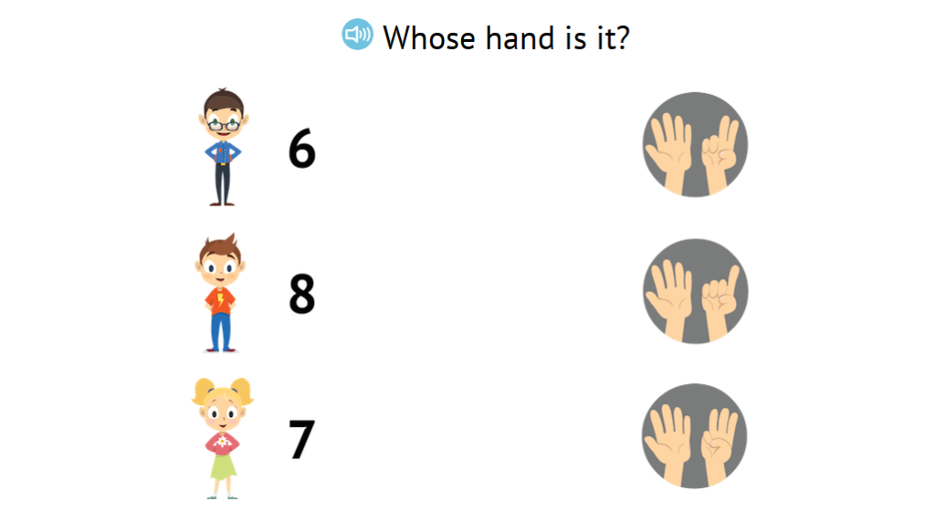 Match numbers 0-8 to arrangements of fingers displayed on two hands