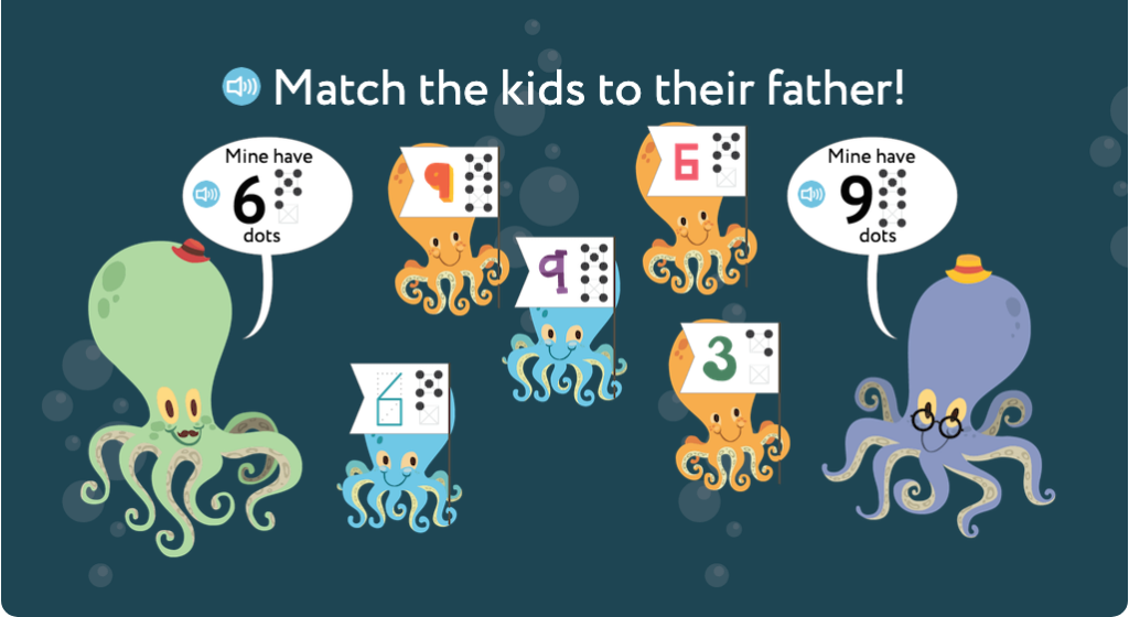 Match numbered patterns of dots to an identical numbered pattern of dots up to 9