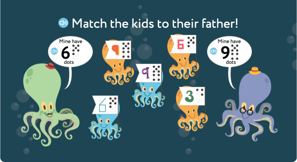 Match numbered patterns of dots to an identical numbered pattern of dots up to 9