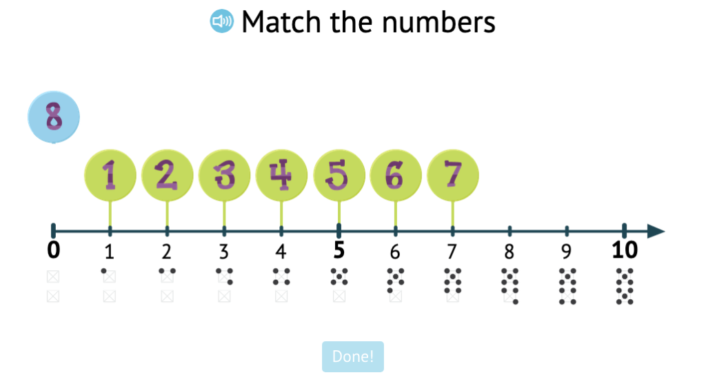 Match numbers 0-10 to their position on a number line labeled with numbers and dot patterns