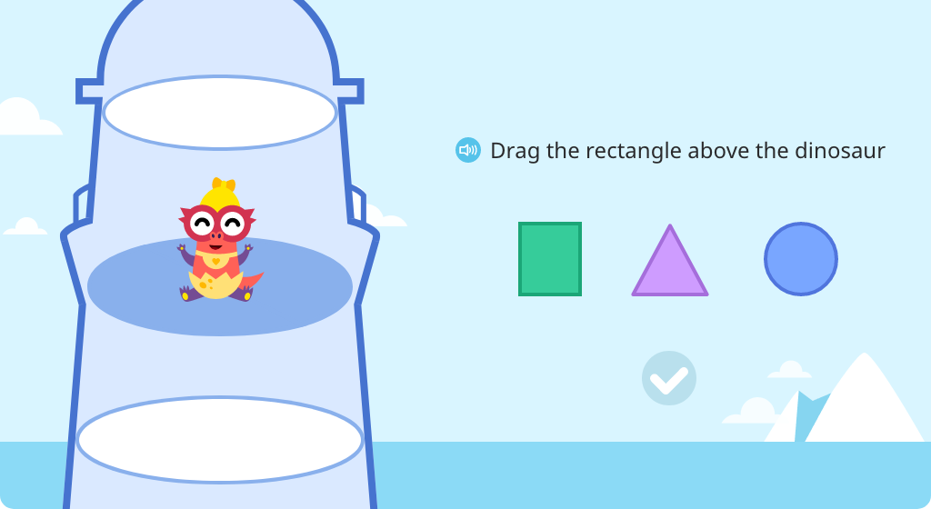 Identify 2D shapes and move them into positions above, below, in front of, and behind