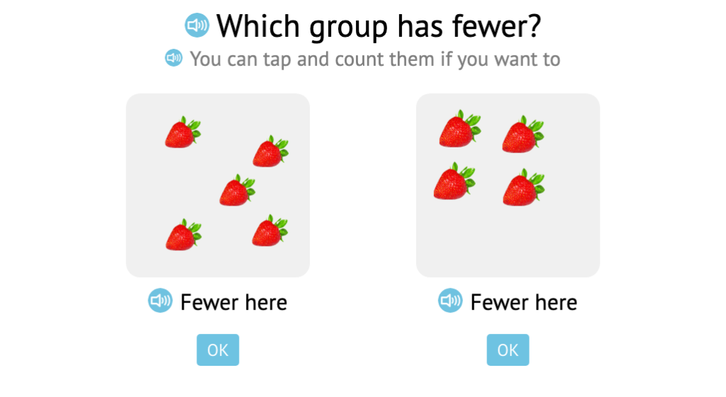 Identify more or fewer when comparing two sets of similar scattered objects