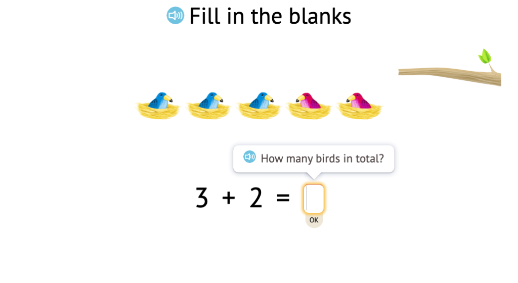 Determine a missing addend and sum in addition equations to 5 based on a scenario with objects