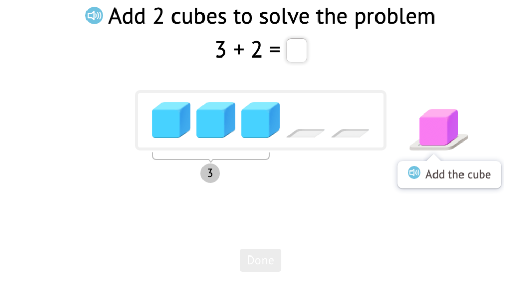 Solve addition equations to 5 based on a model of base-10 blocks
