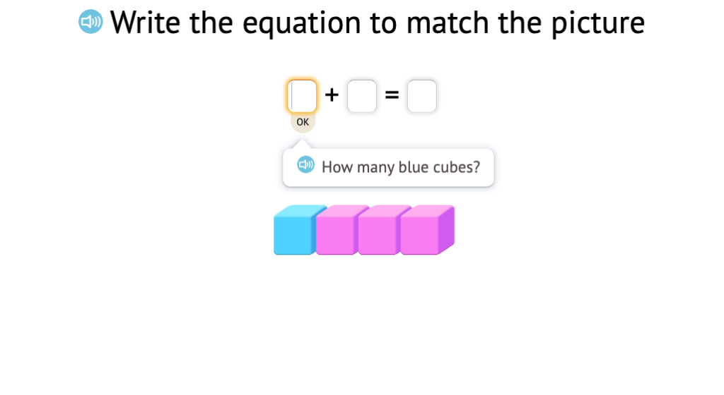 Determine a missing addends in equations with a sum of 4