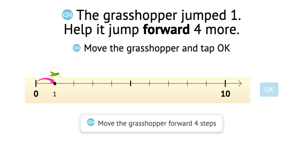 Solve +/- equations within 5 based on movements on a number line