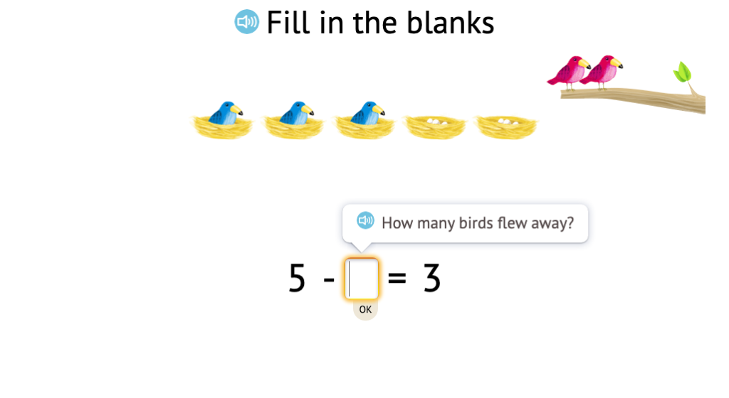 Complete subtraction equations within 5 based on a scenario with objects