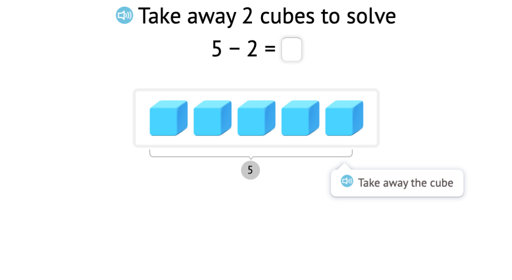 Solve subtraction equations within 5 based on a model of base-10 blocks