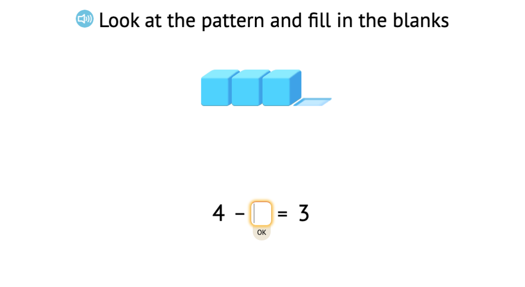 Complete +/- equations within 5 based on a model of base-10 blocks