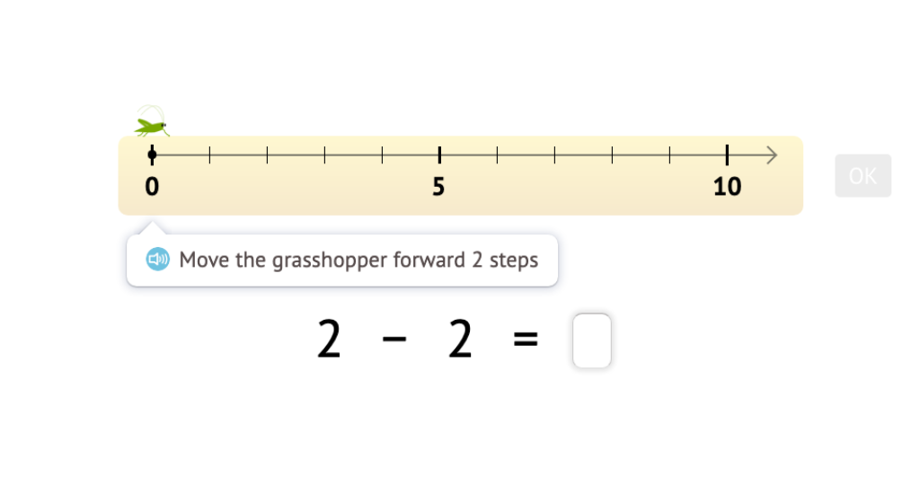 Record subtraction scenarios on a number line within 5 as equations with a difference of 0
