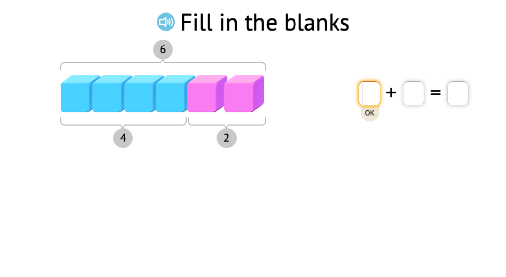 Complete +/- equations within the fact family of 6 based on a model of base-10 blocks