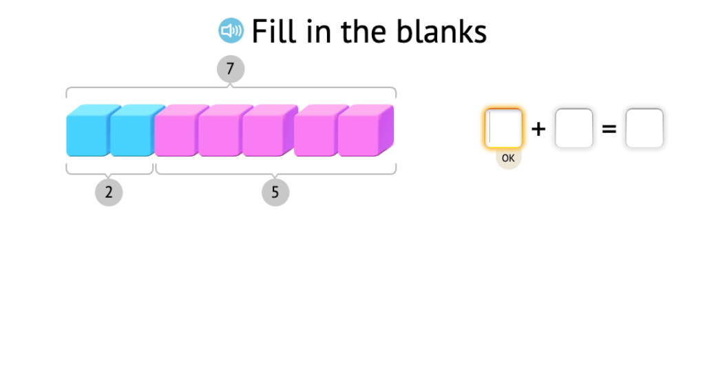 Complete +/- equations within the fact family of 7 based on a model of base-10 blocks