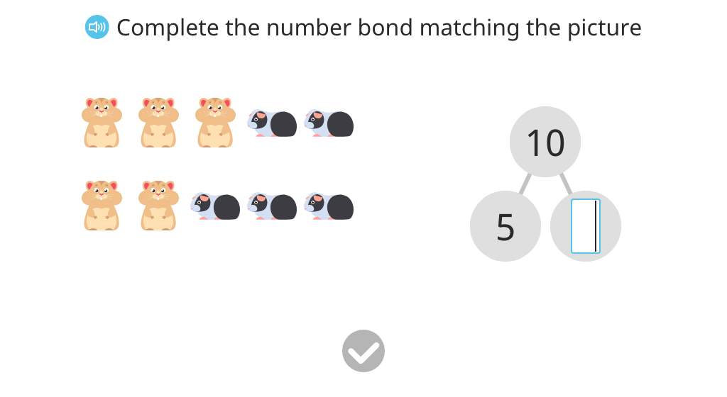 Record a number bond based on a scenario with 10 real objects (missing addend)