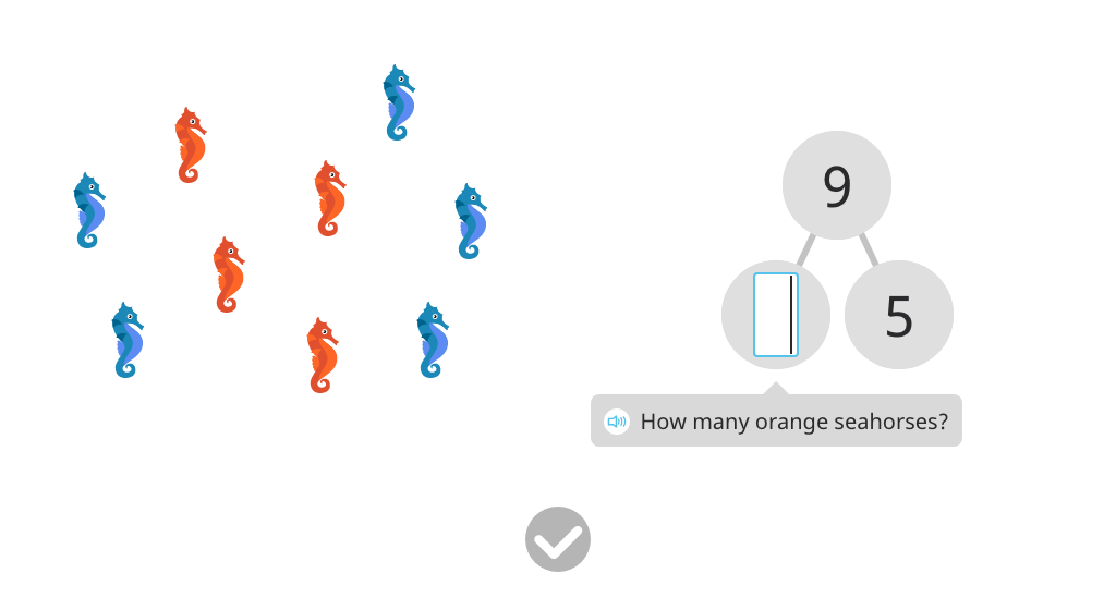 Record a number bond based on a scenario with 9 real objects (unaligned)