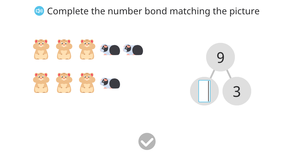 Record a number bond based on a scenario with 9 real objects (missing total)