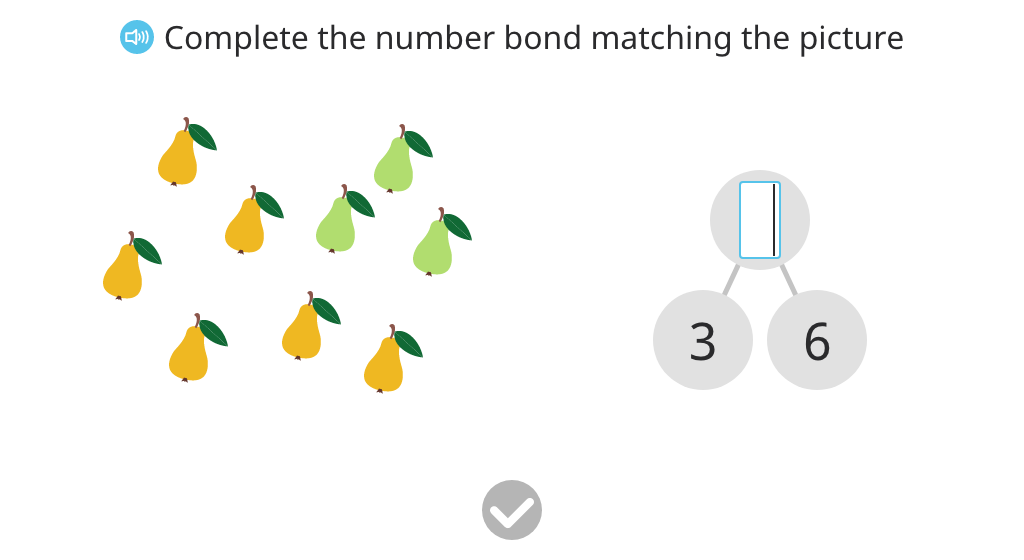 Record a number bond based on a scenario with 9 real objects (unaligned)
