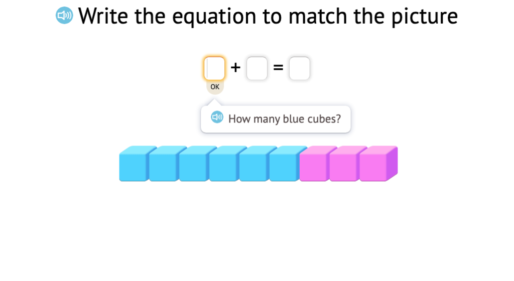 Record an equation based on a model of base-10 blocks (total of 9)
