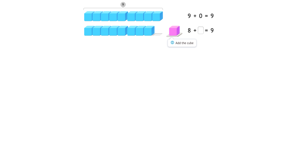 Complete addition equations to 9 based on a model of base-10 blocks