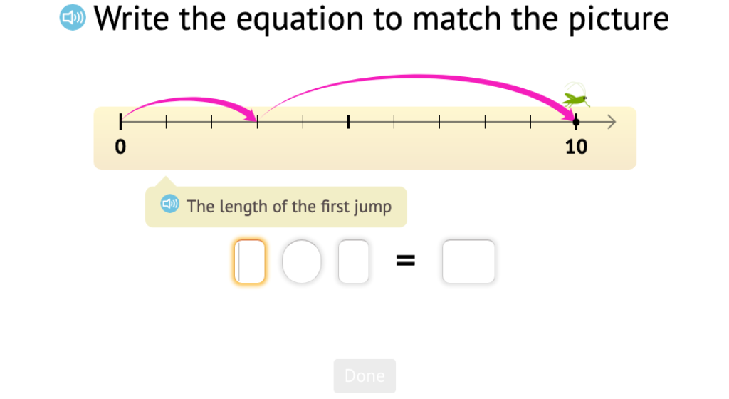 Record a number line addition scenario to 10 as and equation and solve a related subtraction equation