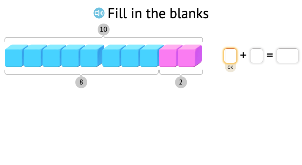 Complete +/- equations within the fact family of 10 based on a model of base-10 blocks