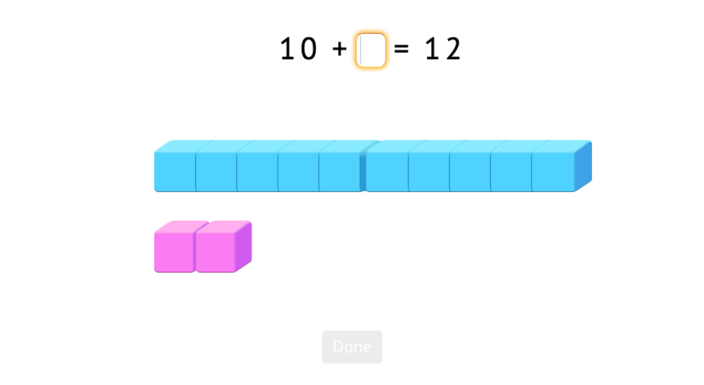 Complete +/- equations with numbers 11-20 with and without a model of base-10 blocks
