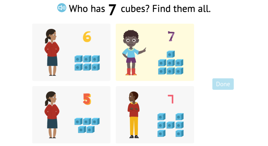 Identify sets of numbered cubes that match a given total of 6 or 7 (Part 2)