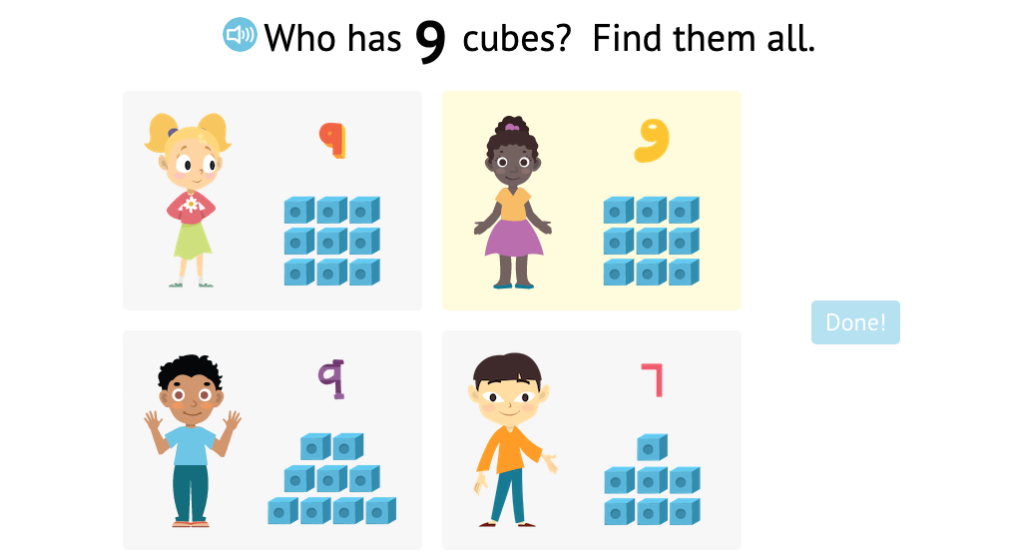 Identify sets of numbered cubes that match a given total up to 9 (Part 2)