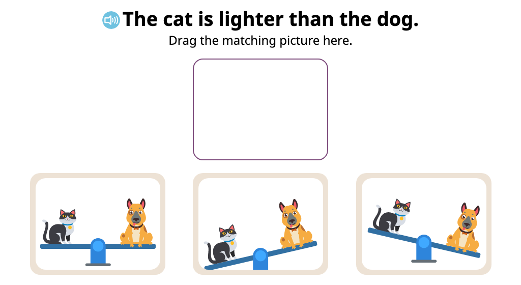 Identify which picture of objects on a balance scale matches a description of their weight (Level 2)
