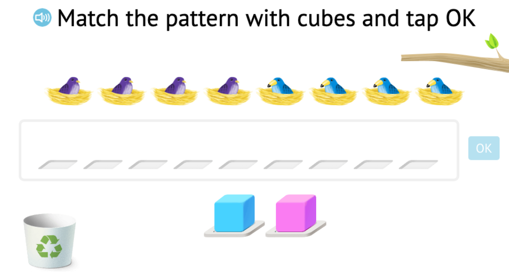 Represent addition scenarios with objects using base-10 blocks and record as an equation with a sum of 8