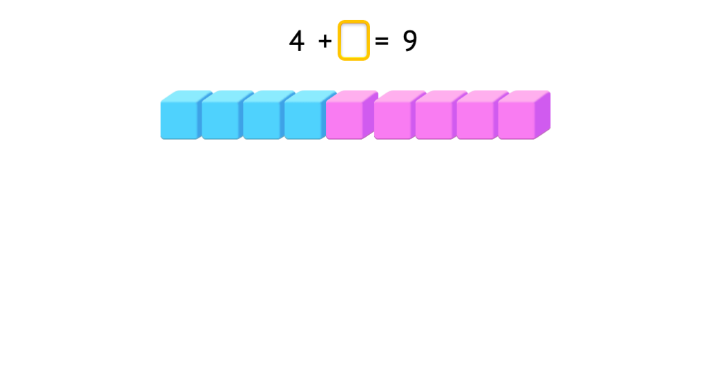 Determine a missing addend in an equation with a sum of 9 or 10 based on a model of base-10 blocks