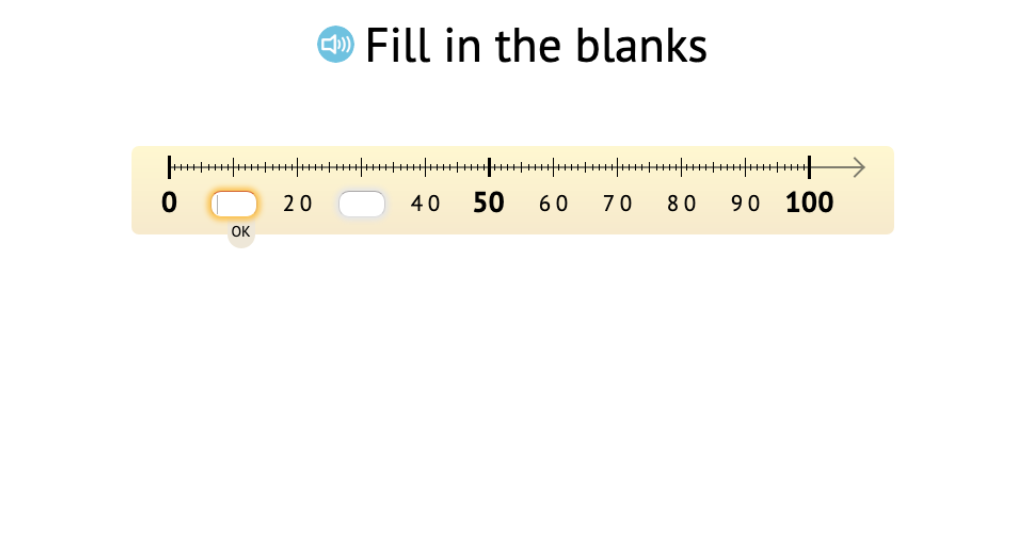 Determine missing round numbers on a number line numbered by tens