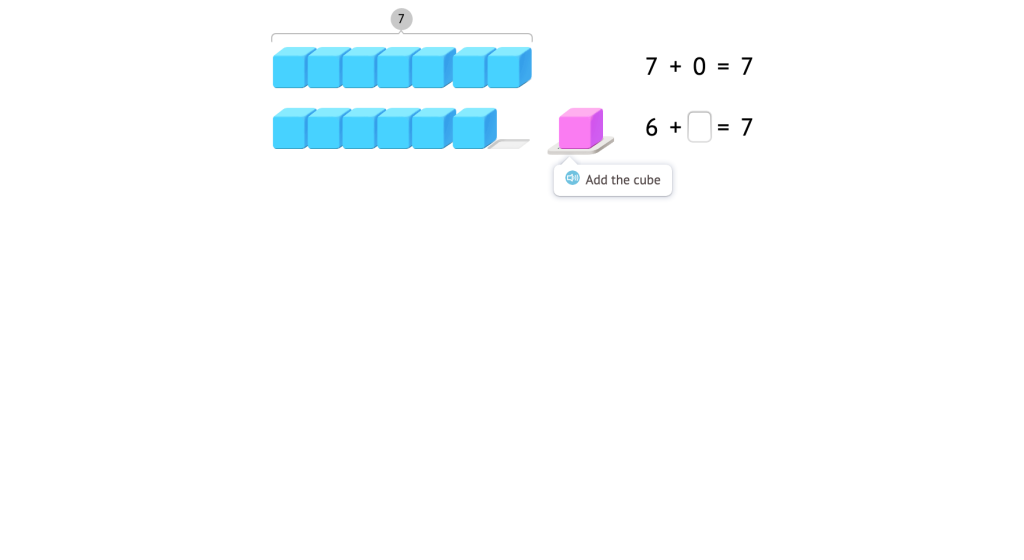 Decompose a set of 7 objects into two groups and identify as addends in an equation