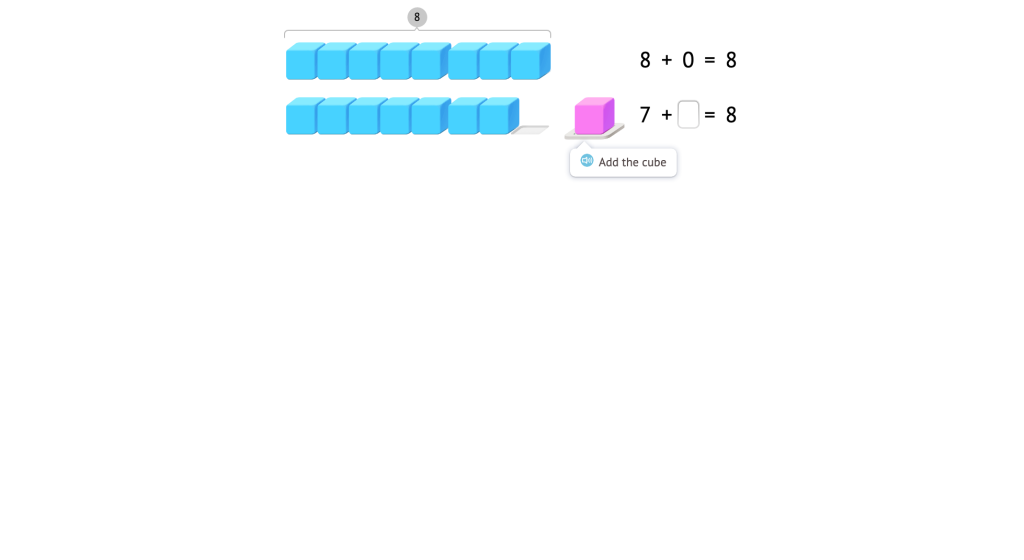 Complete addition equations with a sum of 8 based on a model of base-10 blocks